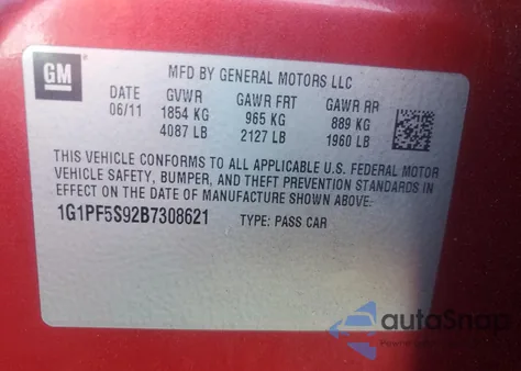 2011 Chevrolet Cruze Lt from USA, damaged, VIN 1G1PF5S92B7308621